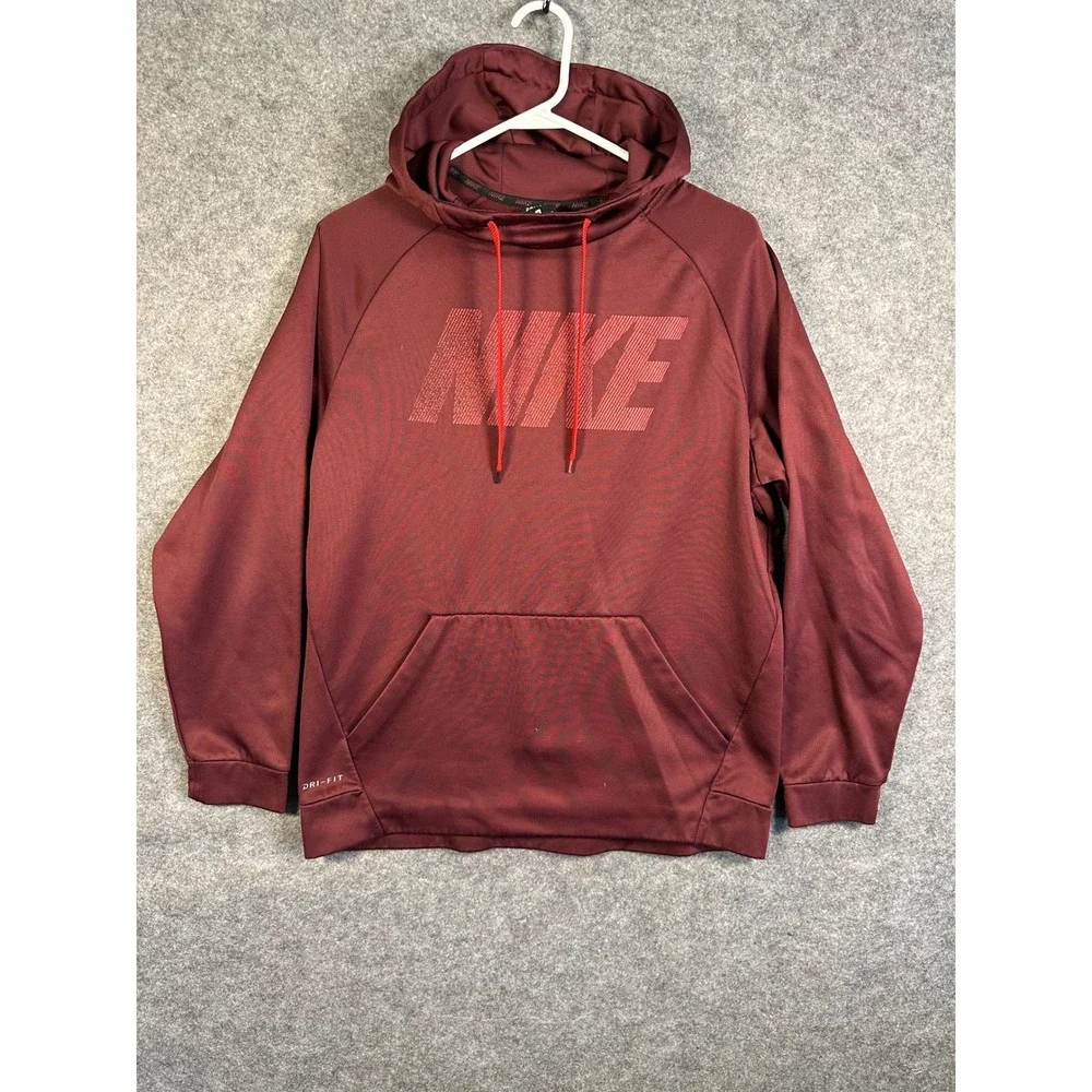 Nike Mens Dri-FIT Hoodie Burgundy Maroon Graphic Logo Pullover Sweatshirt Medium